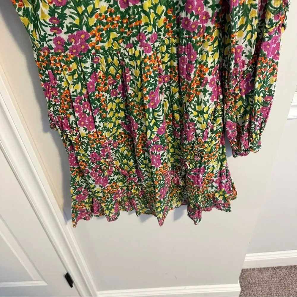Tuckernuck Banjanan Green Pink Botanical Floral Cotton Long Sleeve Mini Dress S